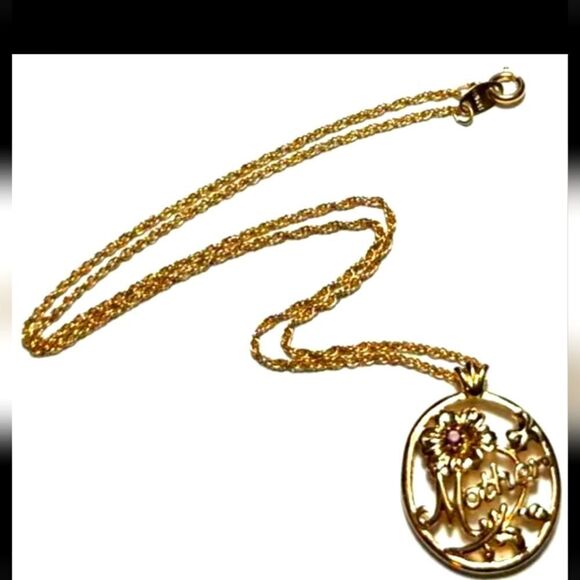 Vintage Necklace Gold Tone Chain MOTHER Signed Avon Floral Rhinestone 19" - Picture 1 of 11